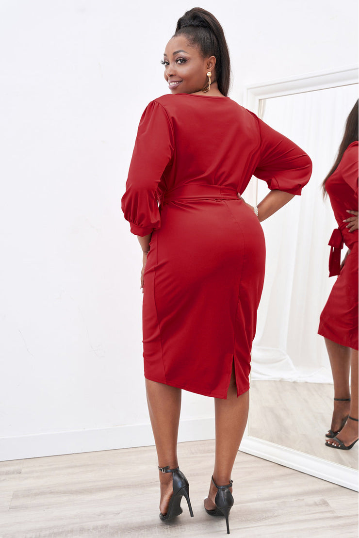 Elegant Red Puff Sleeve Wrap V Neck Plus Size Midi Dress